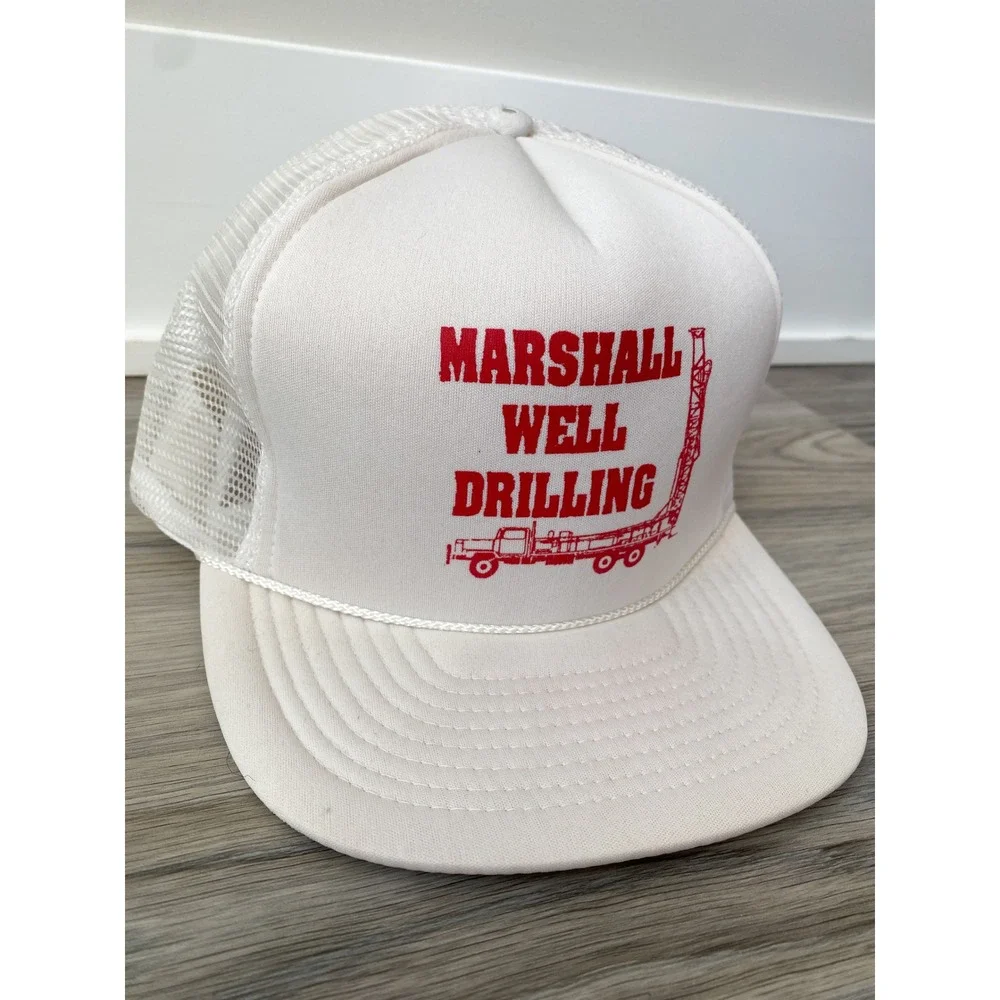 Vintage‎ Marshall Well Drilling White Mesh Snapback Trucker Hat Retro Streetwear